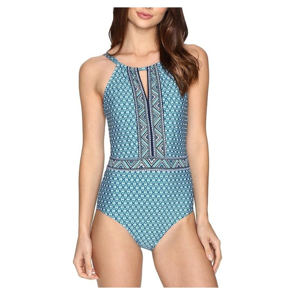 Jantzen Women's One Piece Swimsuit Blue‎ Geo Print Keyhole Neck Size 14